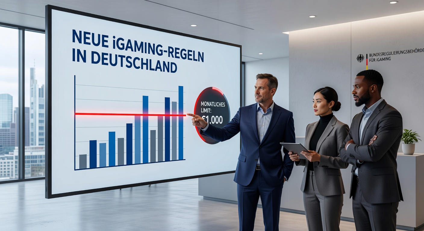 Darstellung des deutschen Online-Glücksspielmarkts mit lizenzierten Casinos im Vordergrund und schrumpfendem Schwarzmarkt im Hintergrund