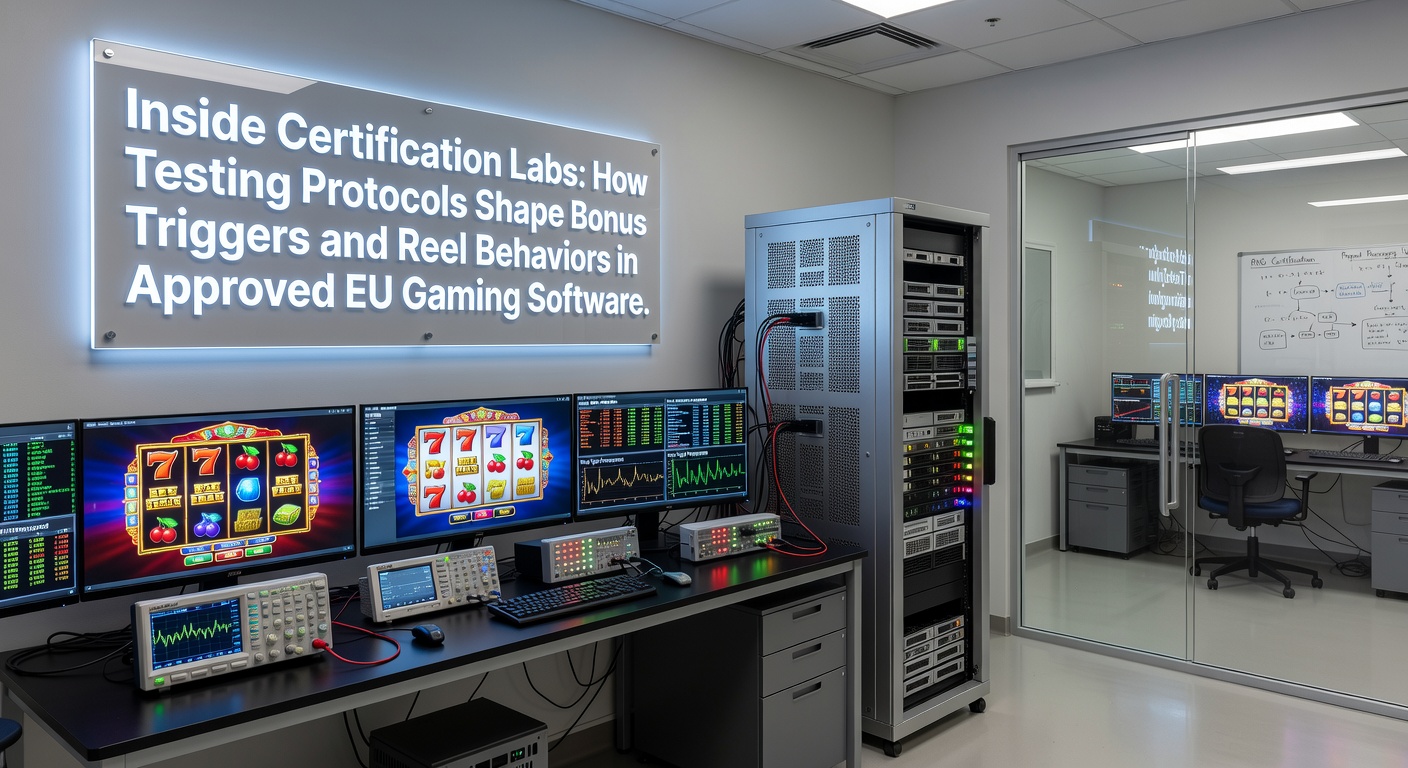 Techniker in einem Zertifizierungslabor prüfen Slot-Software auf Compliance mit EU-Standards